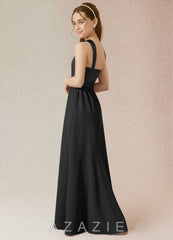 Azazie Jiya Junior Black A-Line Pleated Stretch Satin Dress black