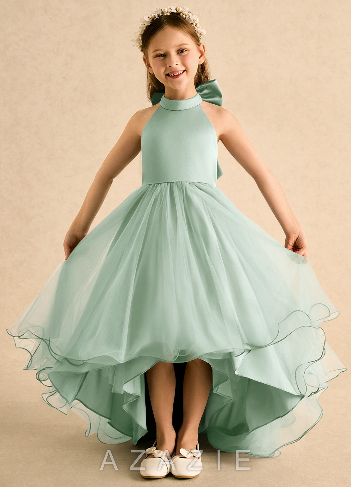 Azazie Melina Agave A-Line Pleated Tulle Dress agave