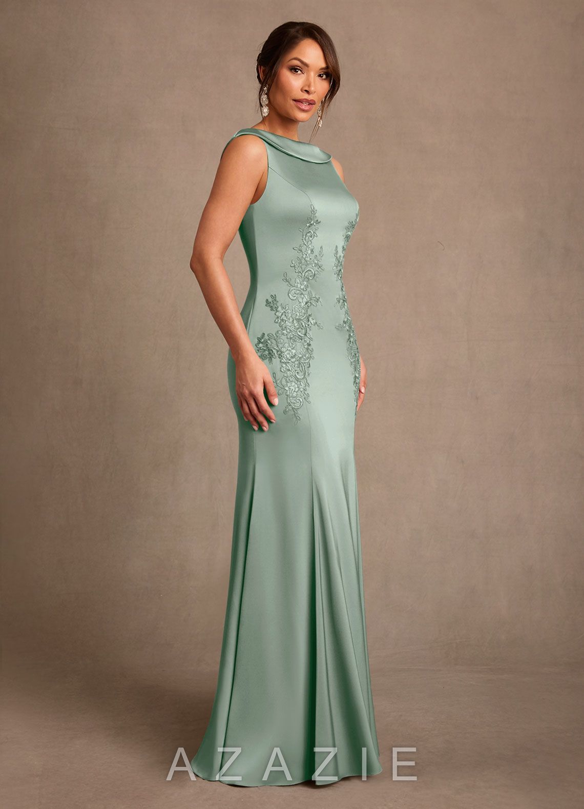 Azazie Franny Agave Sheath Lace Stretch Satin Dress agave