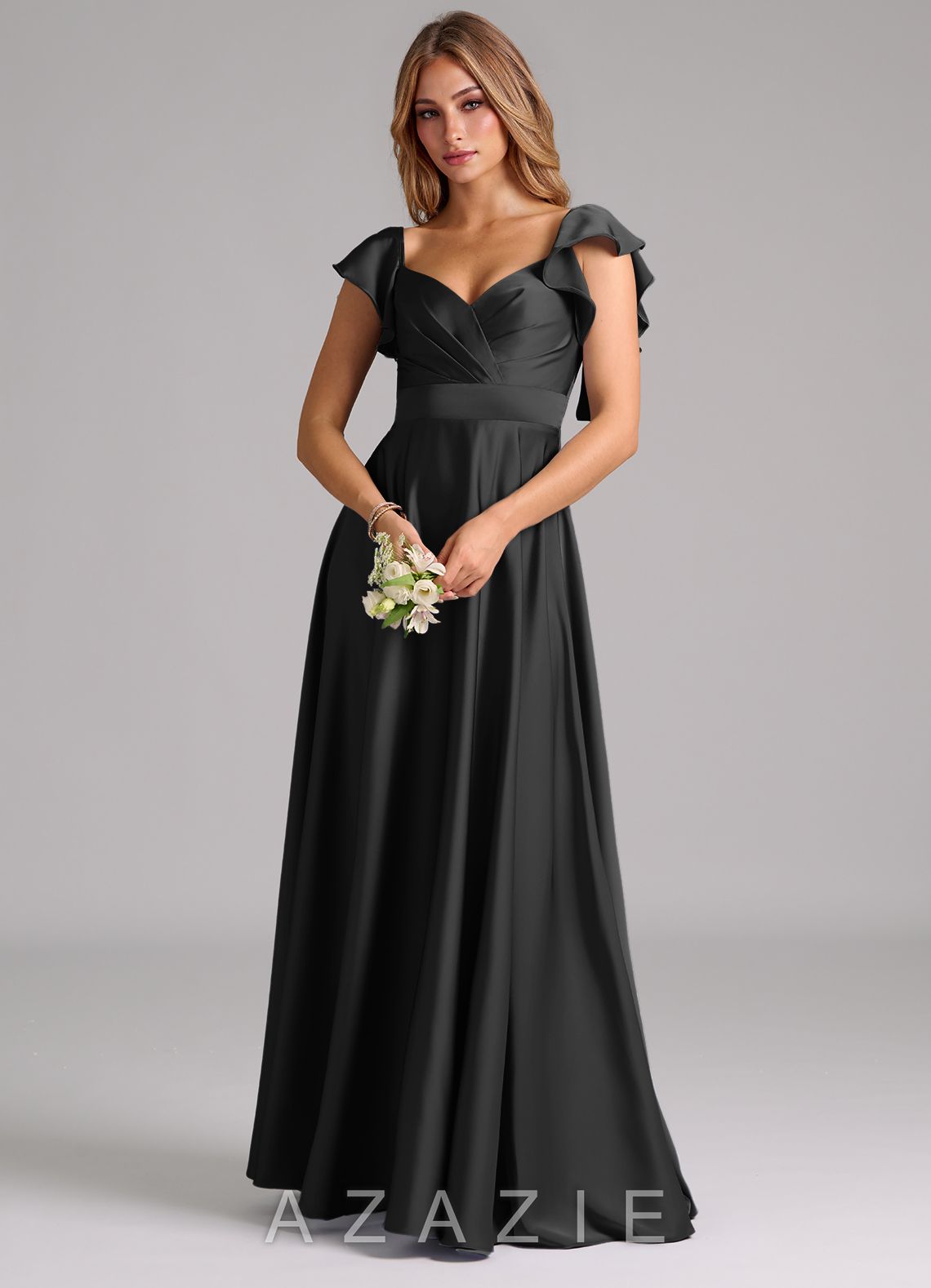 Azazie Leilani Black A-Line Ruched Stretch Satin Dress black