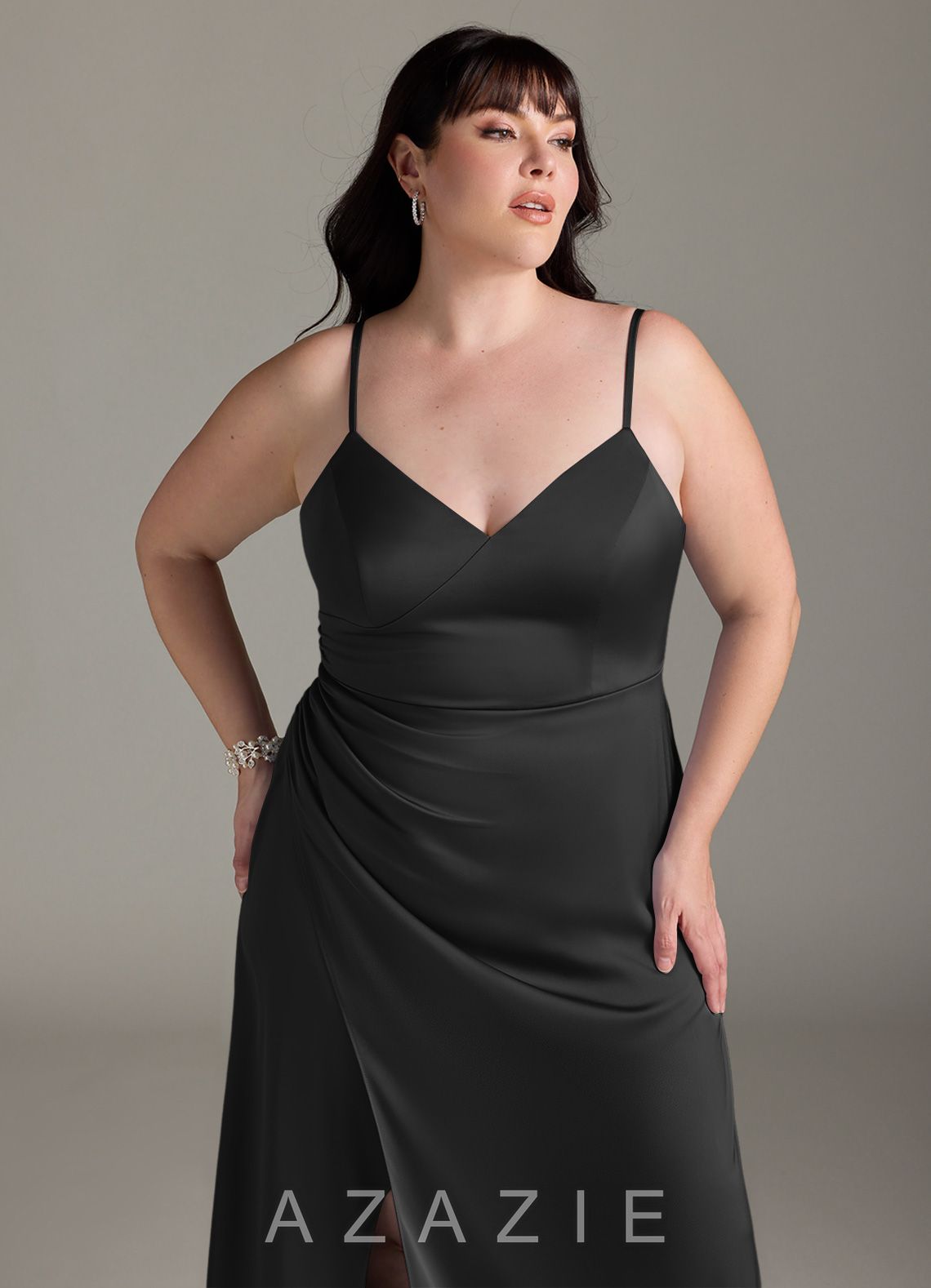Azazie Marchella Black A-Line Corset Stretch Satin Dress black