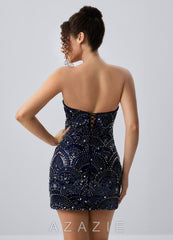 Lucinda Navy Strapless Fan Sequin Lace-Up Bodycon Mini Dress