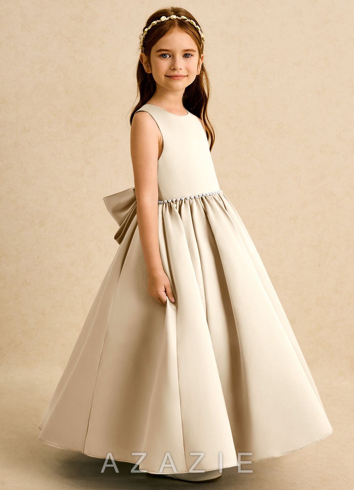 Azazie Daisies Champagne Ball-Gown Bow Matte Satin Dress champagne