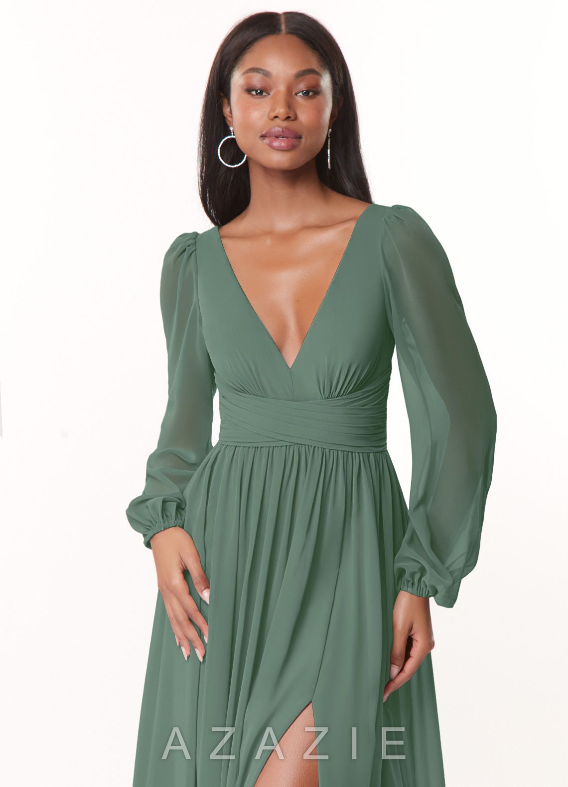 Azazie Norah Eucalyptus A-Line V-Neck Long Sleeve Chiffon Dress eucalyptus