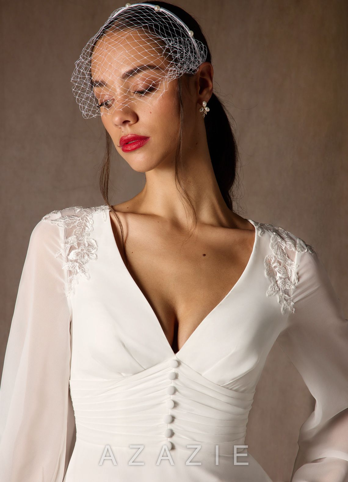 Azazie Amila Wedding Dress Diamond White A-Line V-Neck Lace Chiffon Dress