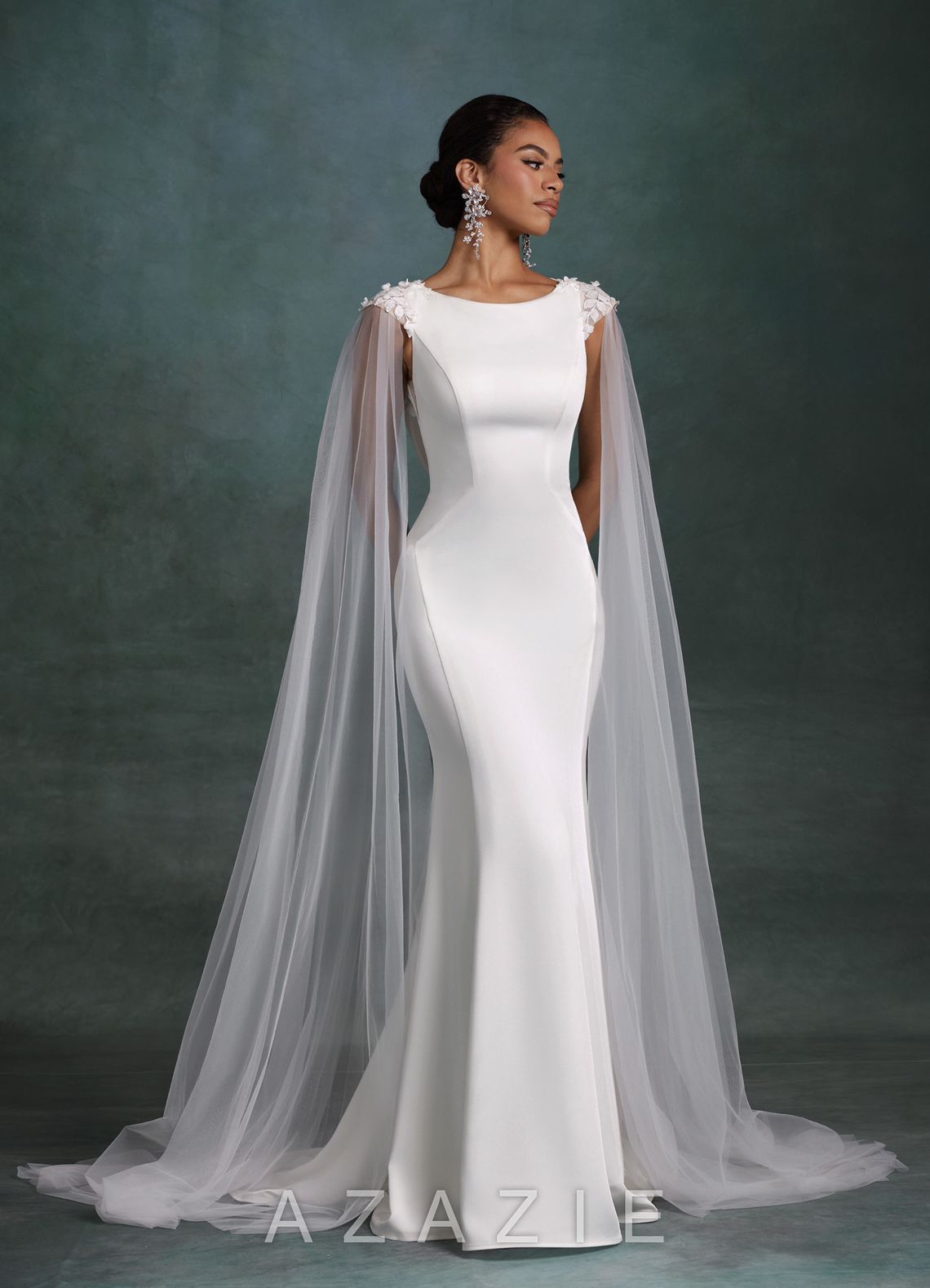 Azazie Oaklynn Diamond White Mermaid Boatneck Crepe Back Satin Dress diamond_white