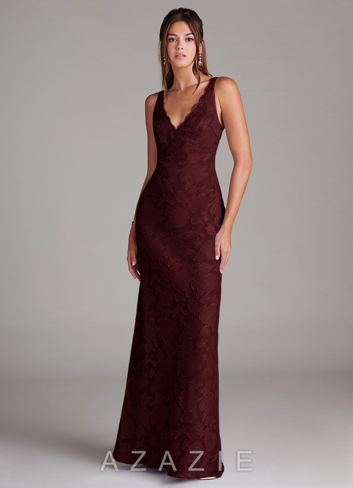 Azazie Tianna Cabernet Sheath Lace Floral Burnout Dress