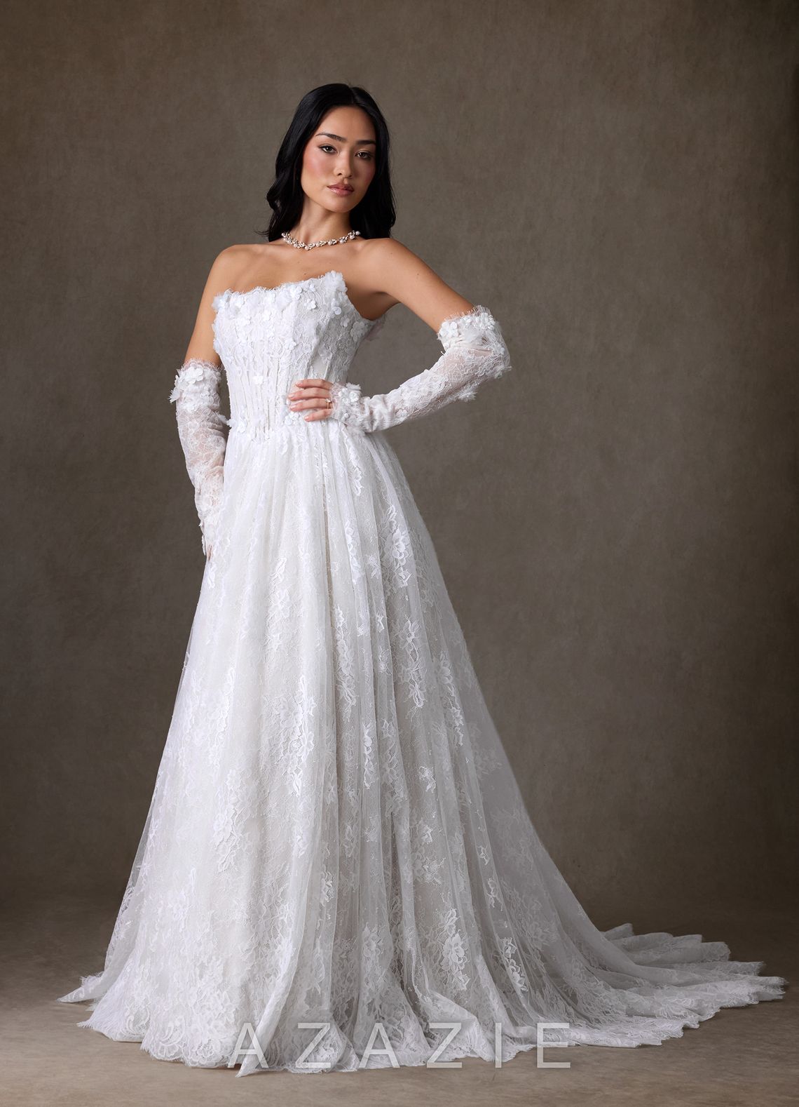 Azazie Vanessa Diamond White Ball-Gown Strapless Lace Dress diamond_white
