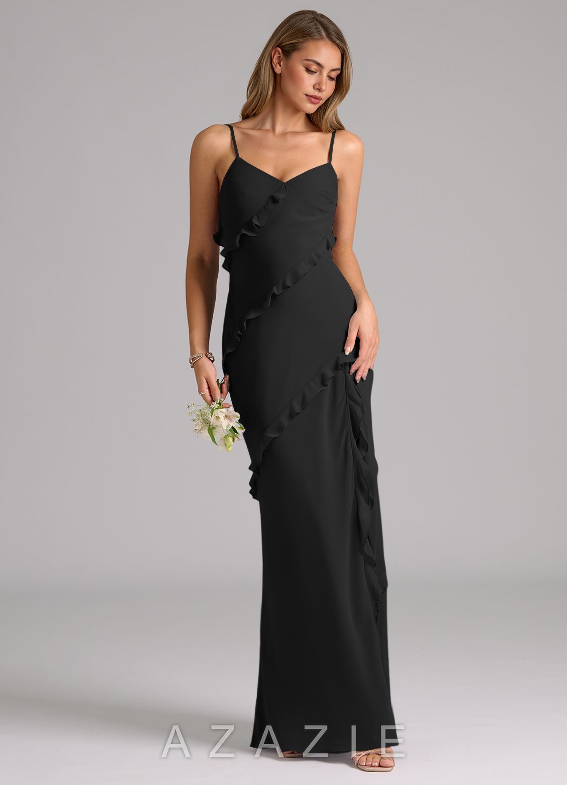 Azazie Nancie Black Mermaid Ruched Chiffon Dress black