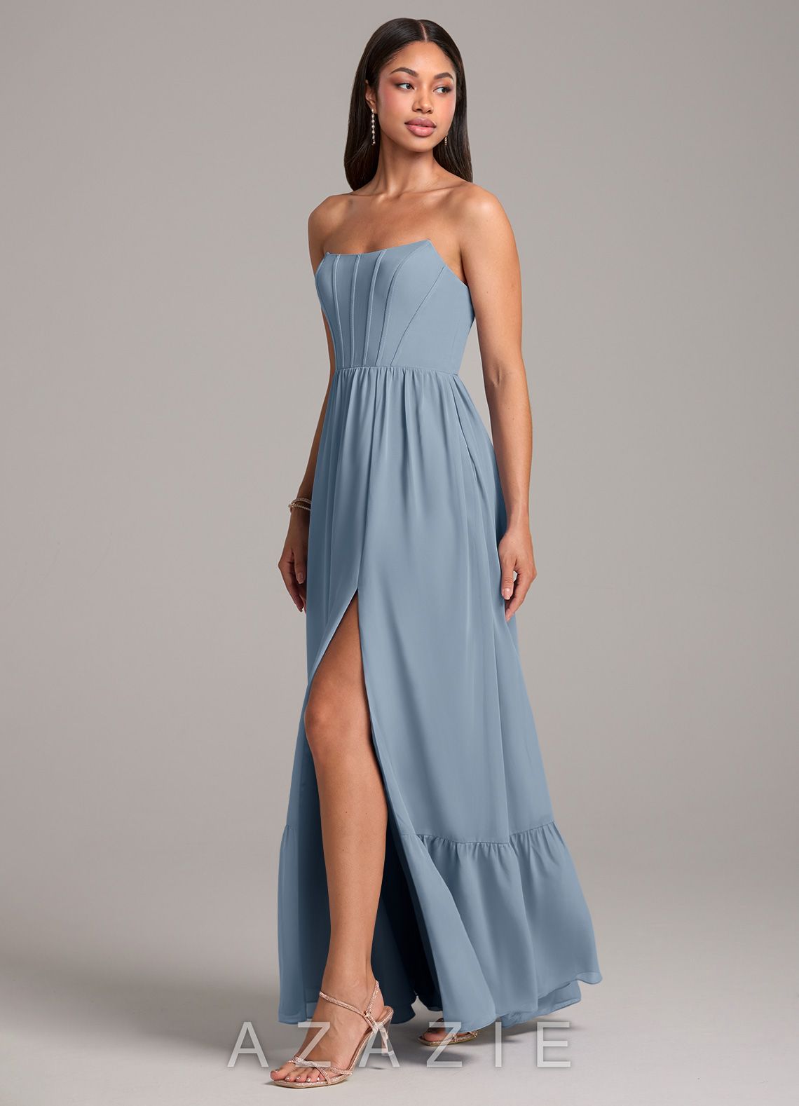 Azazie Kailee Dusty Blue A-Line with Pockets Chiffon Dress dusty_blue