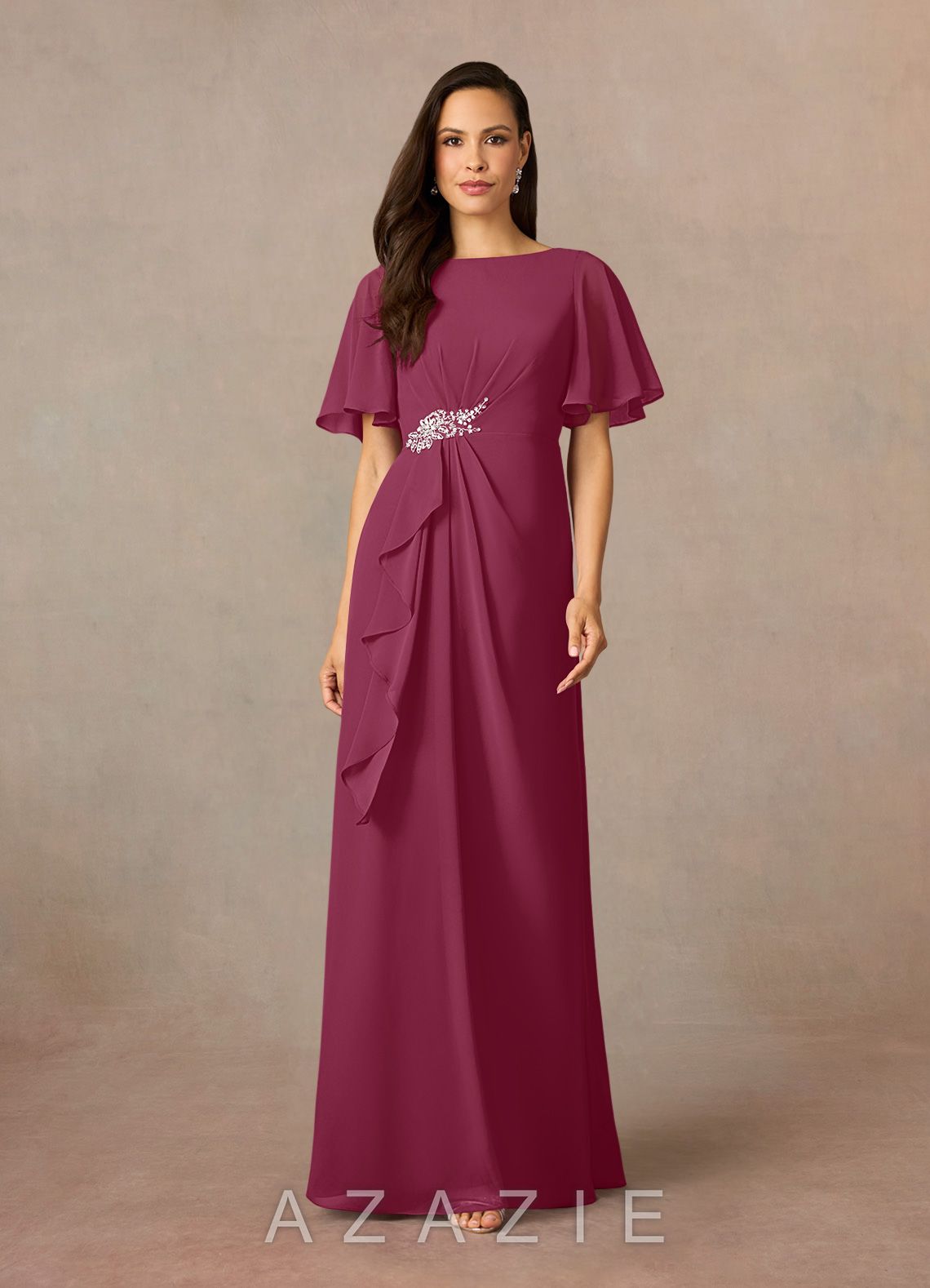 Azazie Rain Mulberry Sheath Beaded Chiffon Dress