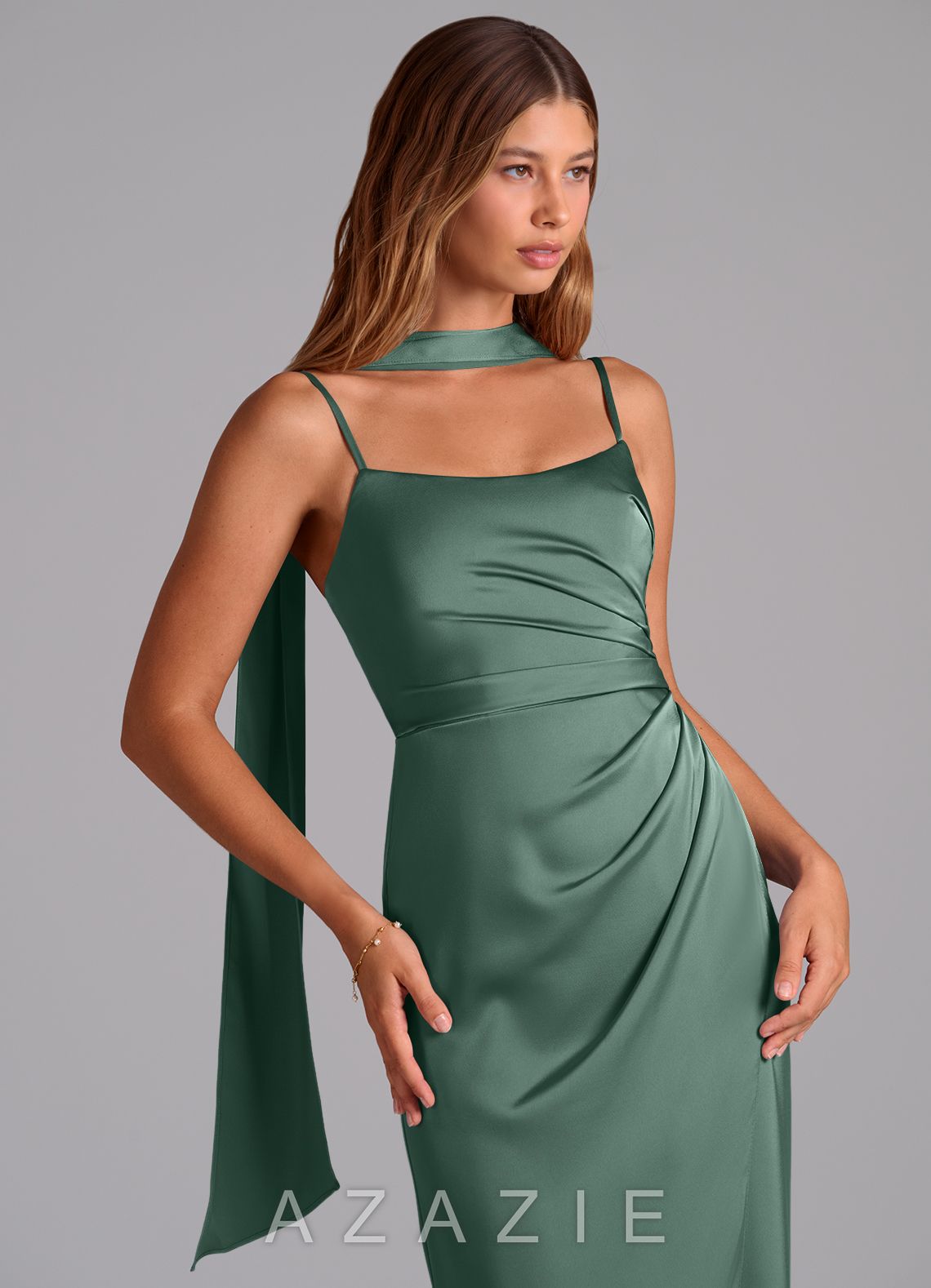 Azazie Calandra Eucalyptus Sheath Pleated Stretch Satin Dress eucalyptus