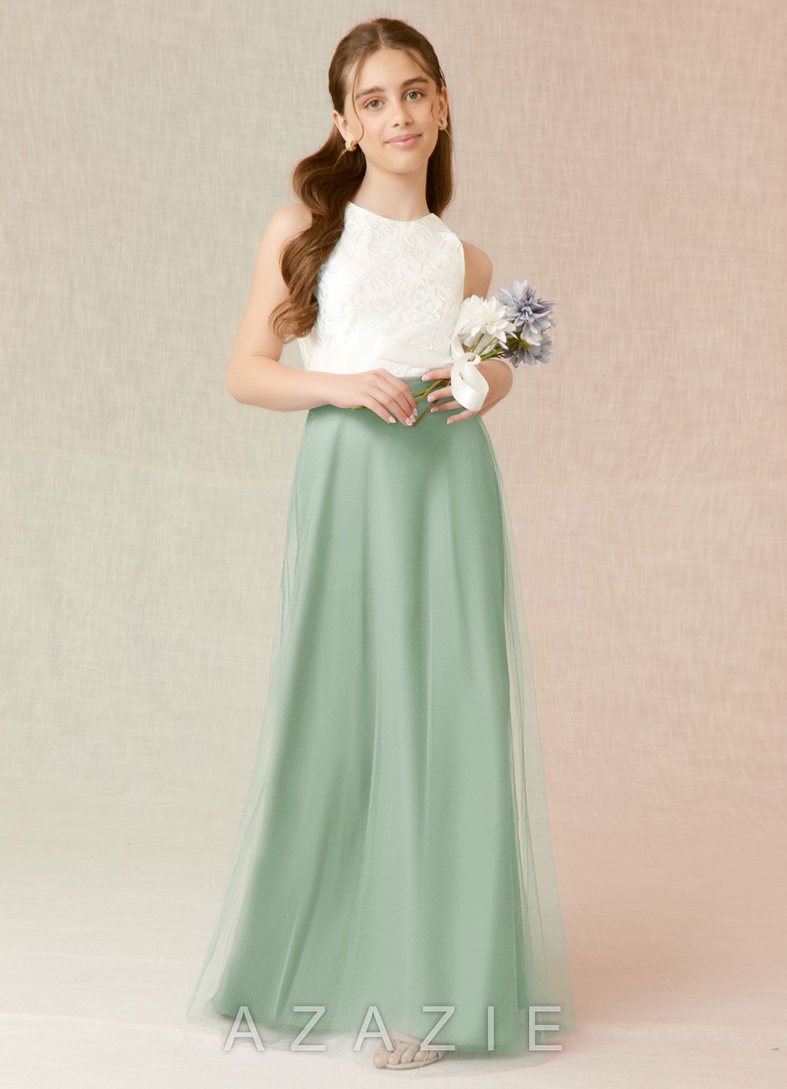 Azazie Albertine Junior Agave A-Line Lace Chiffon Dress