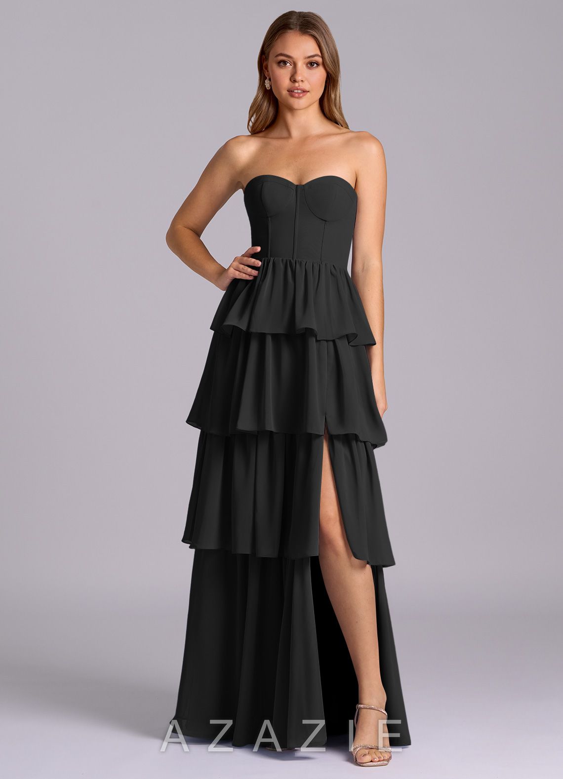 Azazie Faye Black A-Line Sweetheart Neckline Chiffon Dress