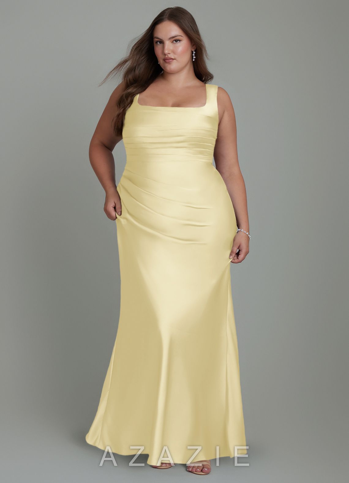 Azazie Agustina Lemon Sorbet Mermaid Corset Stretch Satin Dress