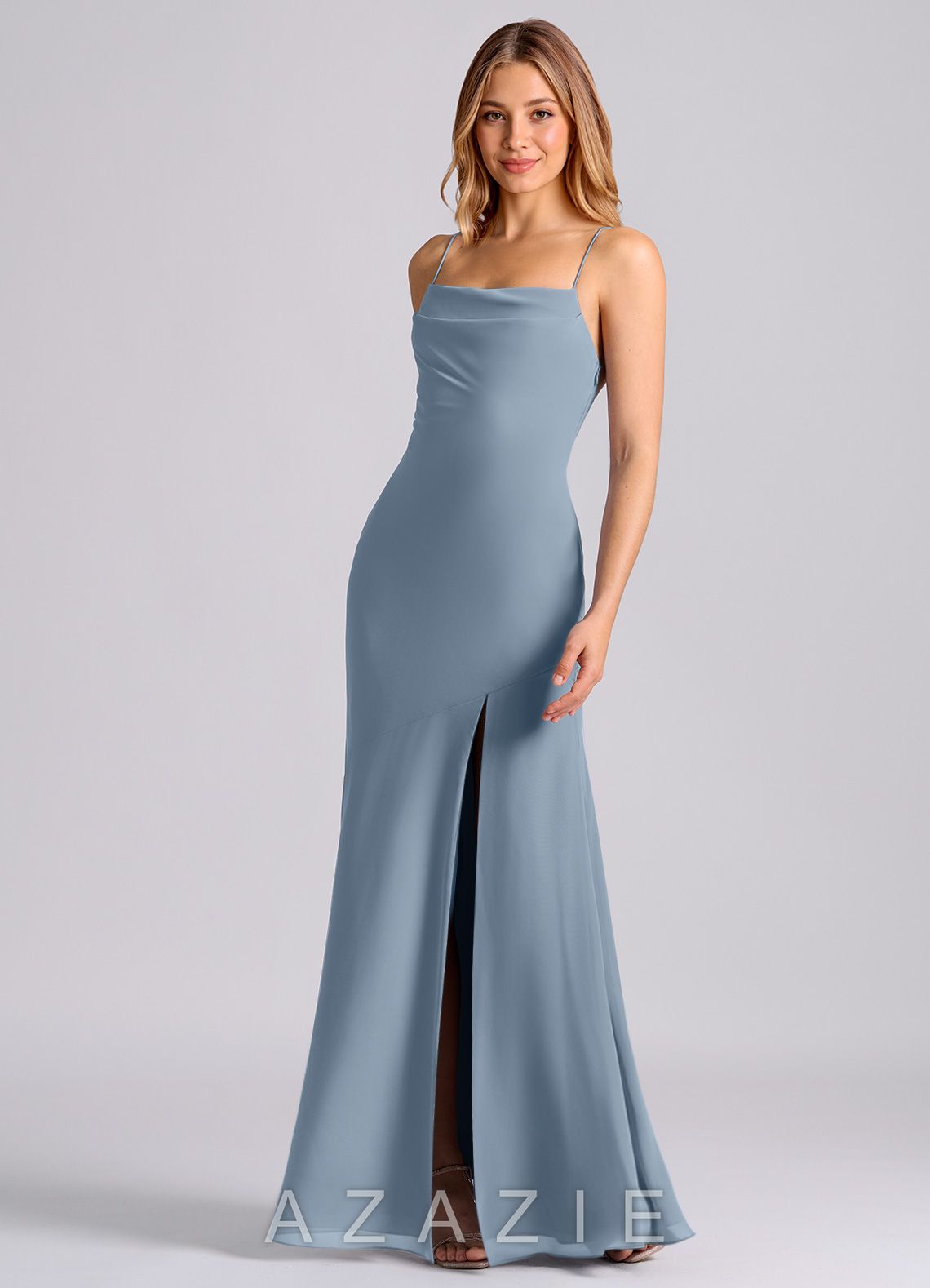 Azazie Grata Dusty Blue Mermaid Pleated Chiffon Dress dusty_blue