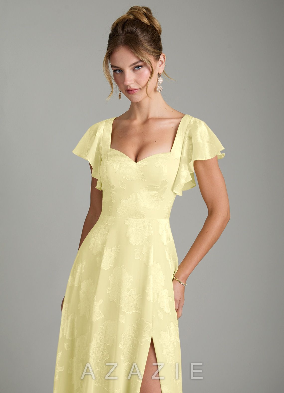 Azazie Bondi Lemon Sorbet A-Line Ruched Floral Jacquard Burnout Dress lemon_sorbet