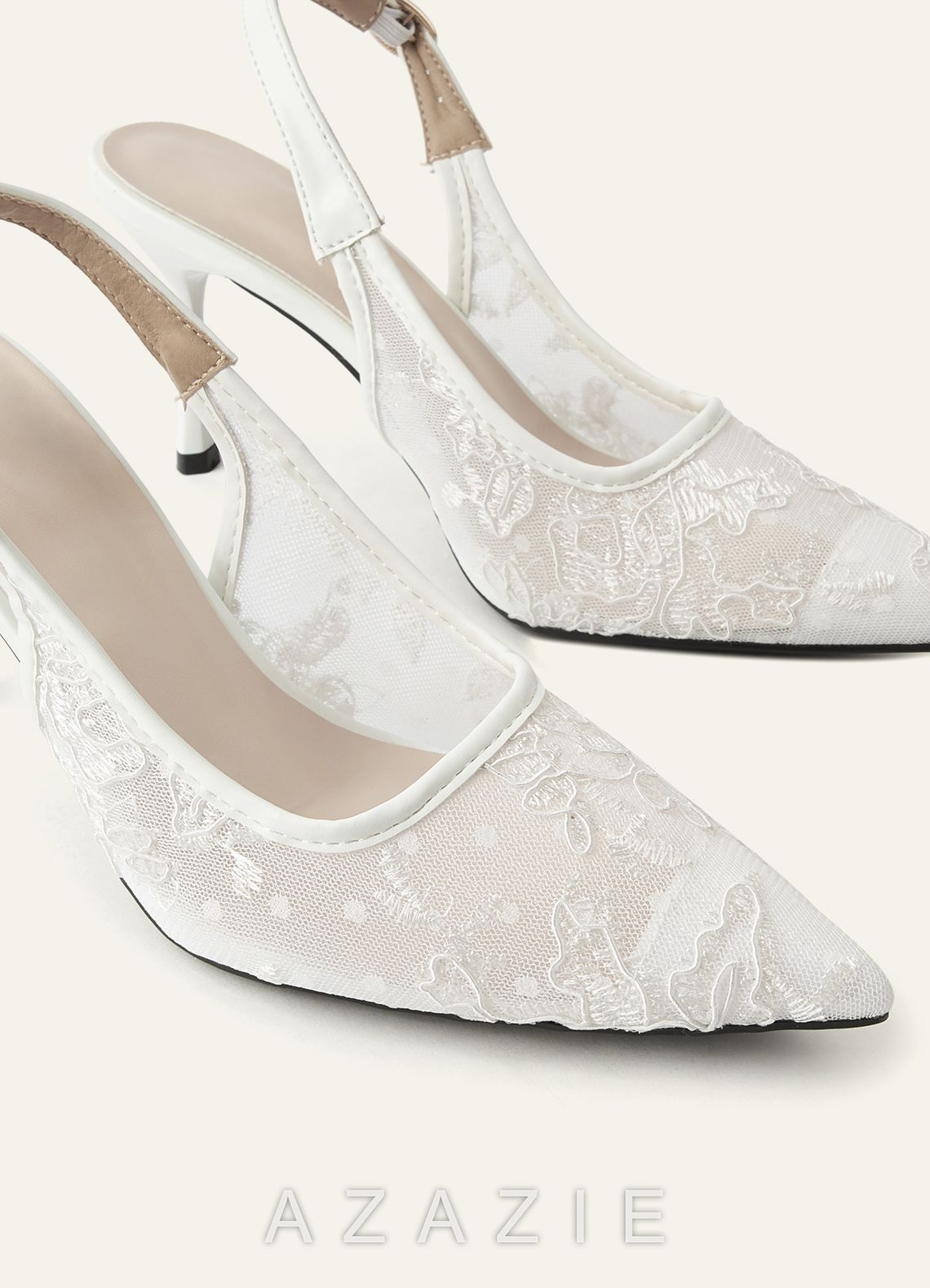 Embroidered Tulle Pointed Toe Slingback Heels  ivory