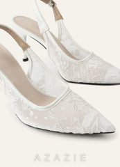 Embroidered Tulle Pointed Toe Slingback Heels  ivory
