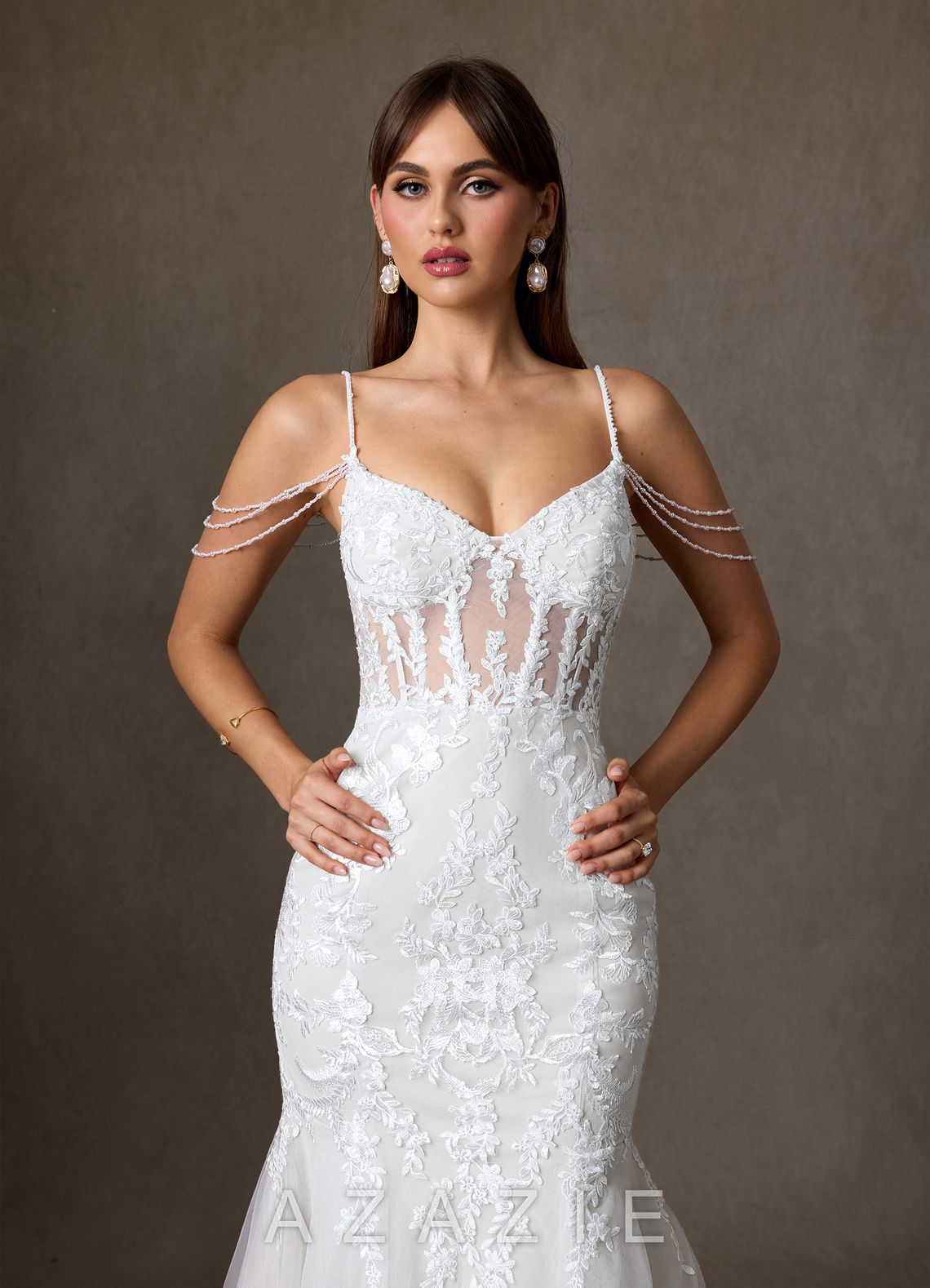 Azazie Denise Wedding Dress Diamond White Mermaid Sequins Tulle Dress diamond_white