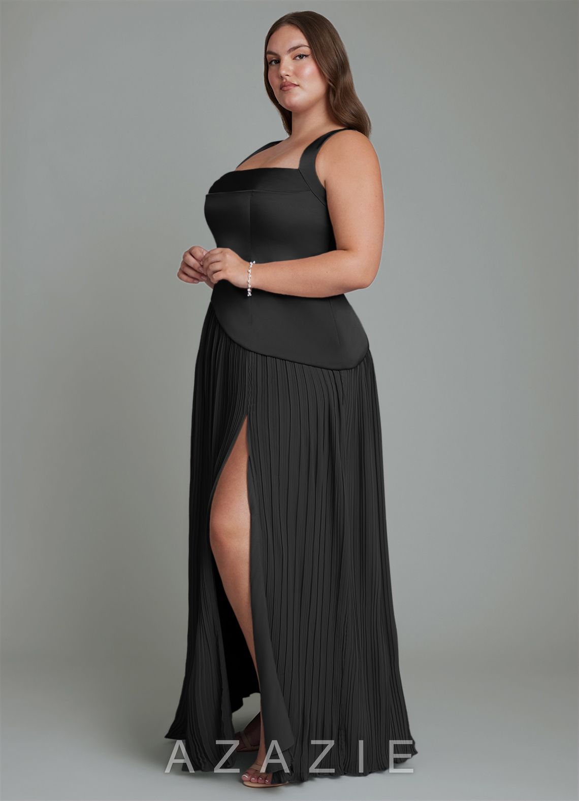 Azazie Stephanie Black A-Line Pleated Stretch Satin Dress black