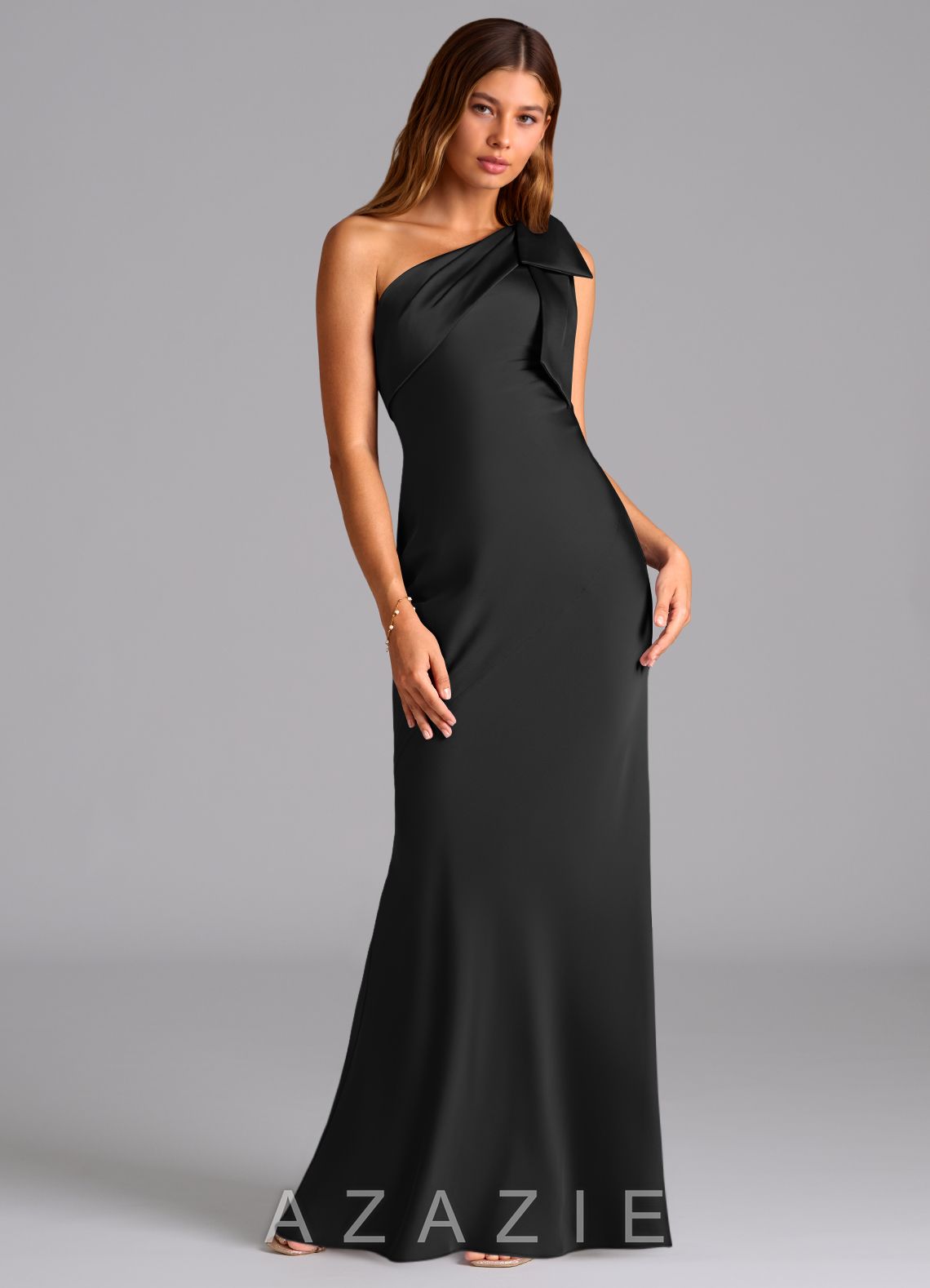 Azazie Yuanna Black Mermaid One Shoulder Stretch Satin Dress black