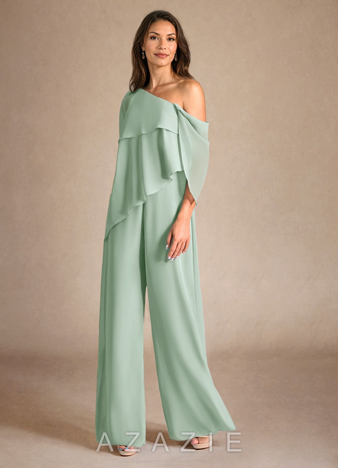 Azazie Halima Agave Jumpsuit/Pantsuit Side Slit Chiffon Dress agave