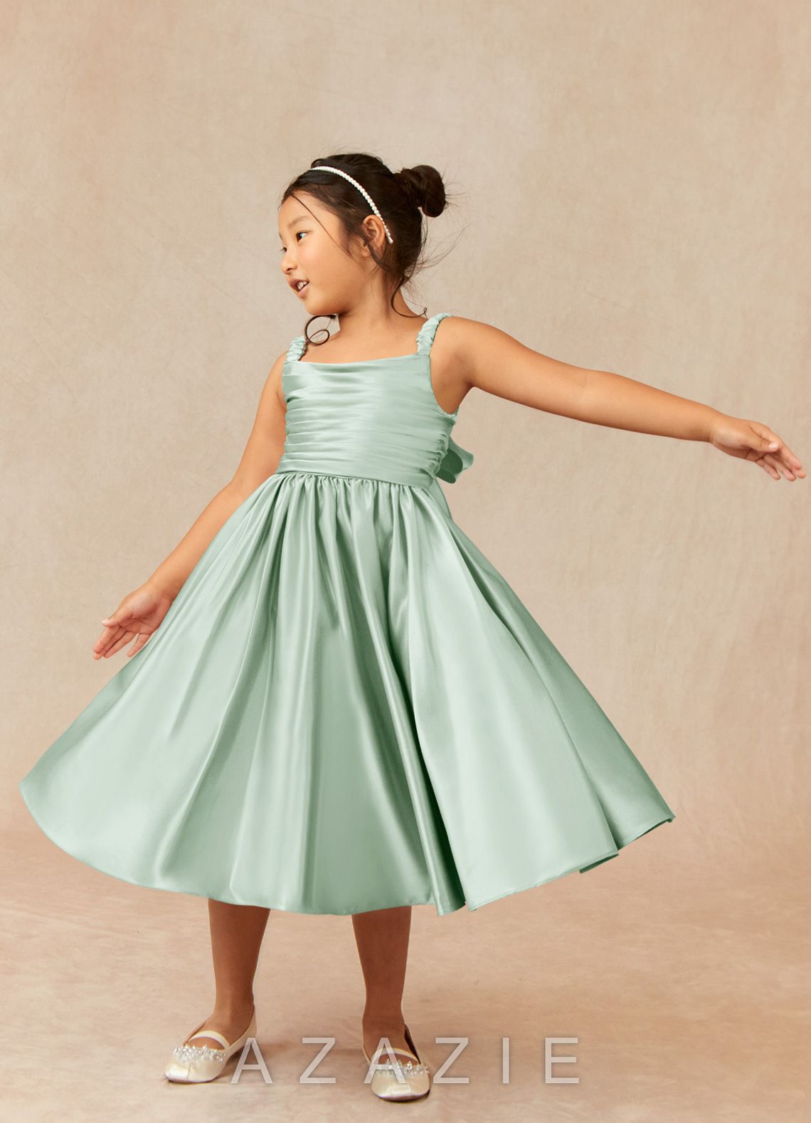 Azazie Cutie Pie Agave A-Line Pleated Matte Satin Dress agave