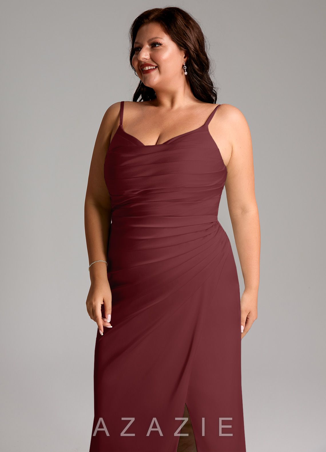 Azazie Deandra Cabernet Mermaid Pleated Stretch Satin Dress cabernet