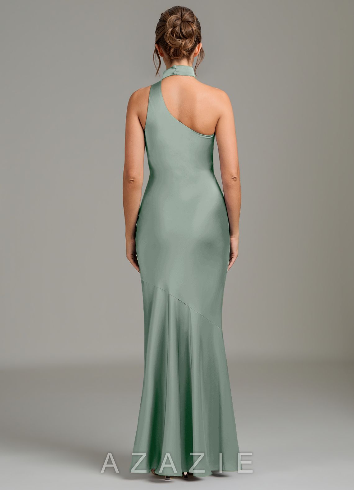 Azazie Jalissa Agave Mermaid One Shoulder Stretch Satin Dress agave
