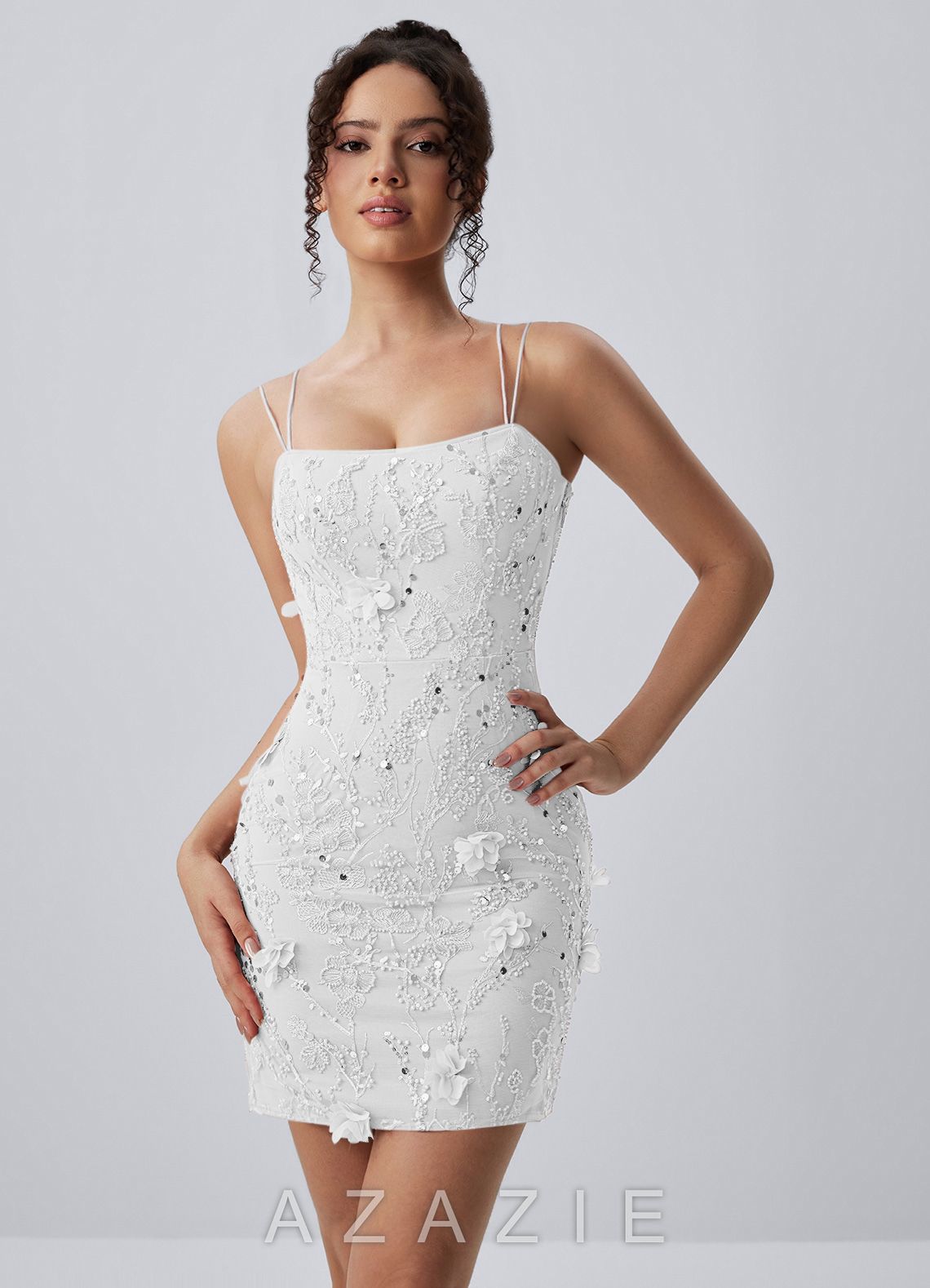 Marceline White Spaghetti Strap 3D Floral Lace-Up Bodycon Mini Dress