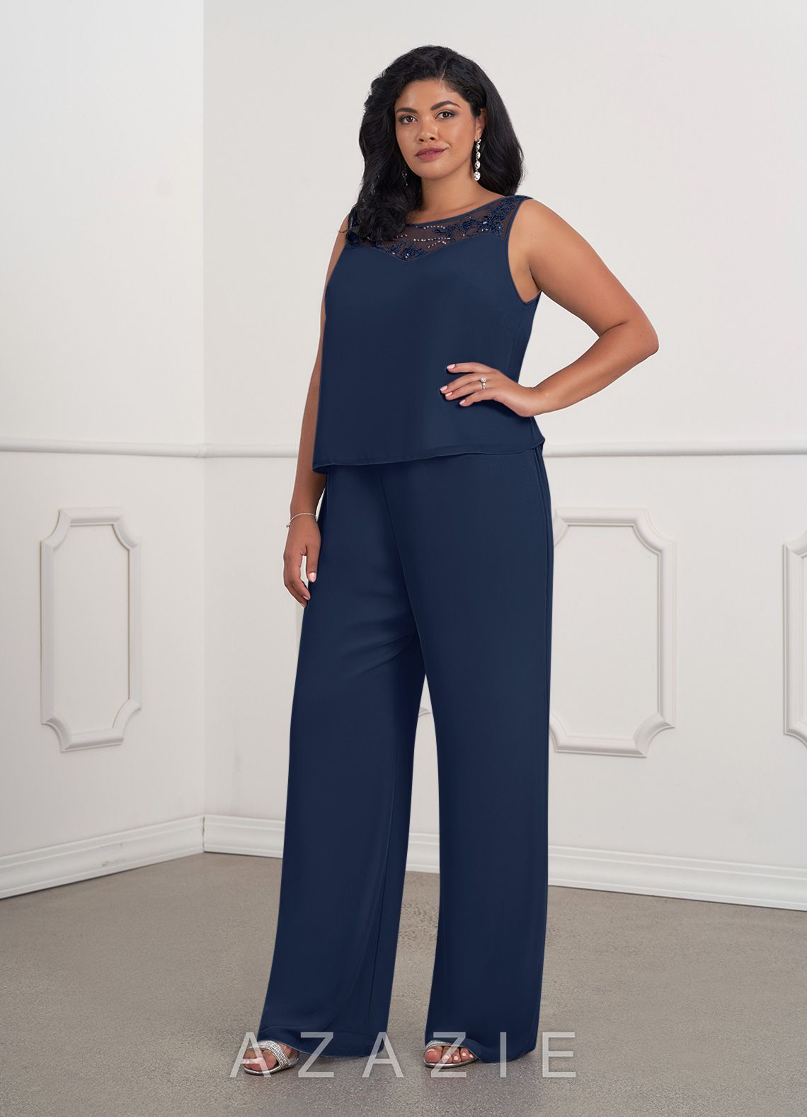 Azazie Maura Jumpsuit Dark Navy Jumpsuit/Pantsuit Sequins Chiffon Dress dark_navy