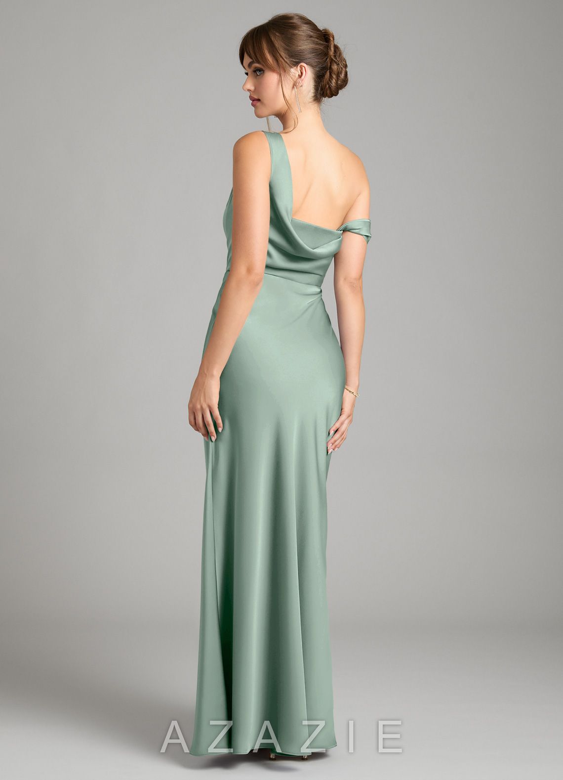 Azazie Madelyn Agave Mermaid One Shoulder Stretch Satin Convertible Dress agave