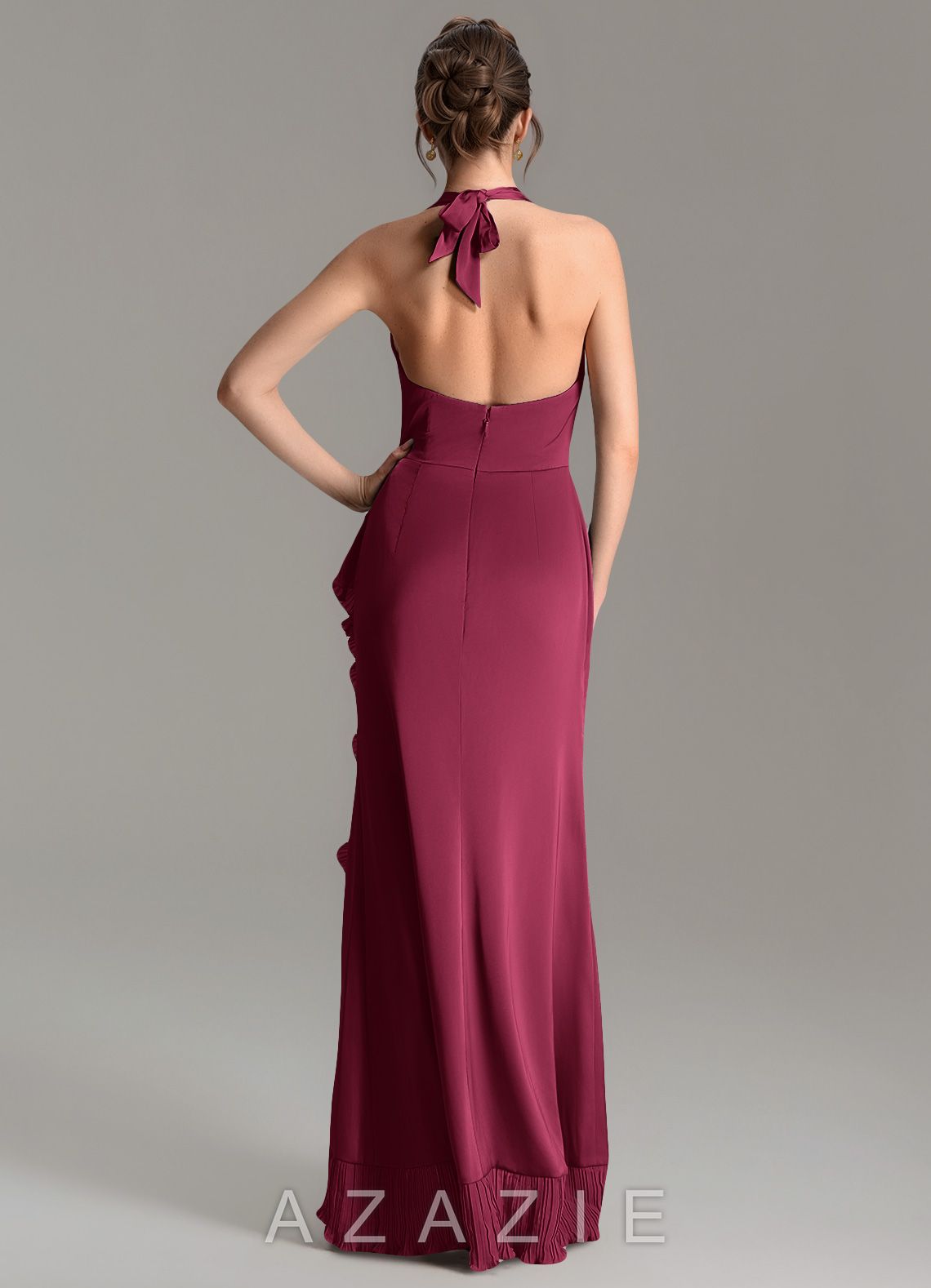 Azazie Mailon Burgundy Mermaid Ruched Stretch Satin Dress burgundy