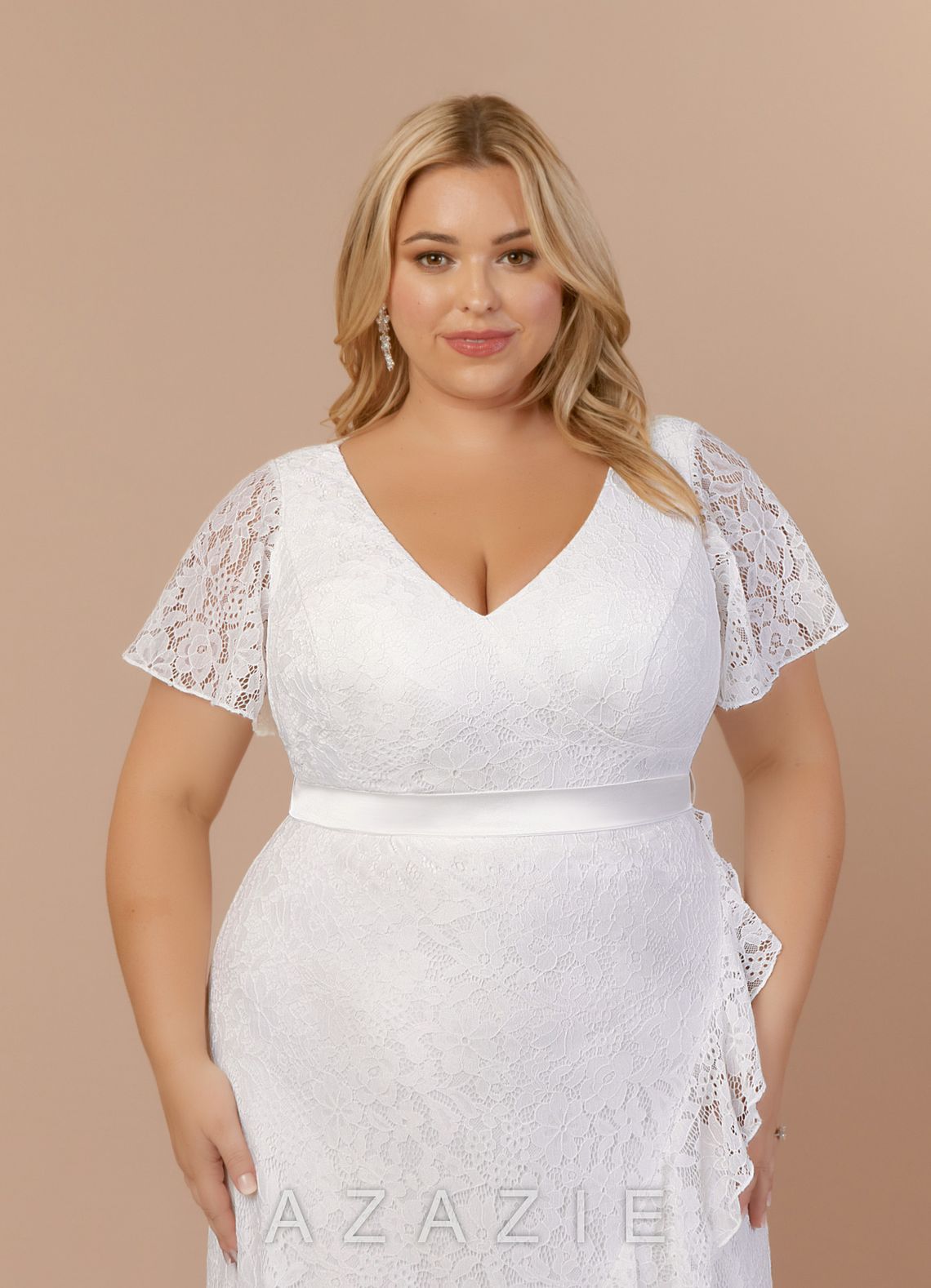 Azazie Lanei Wedding Dress Diamond White A-Line V-Neck Lace Dress diamond_white