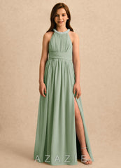 Azazie Aria Girls Formal Dusty Sage A-Line Pleated Chiffon Dress
