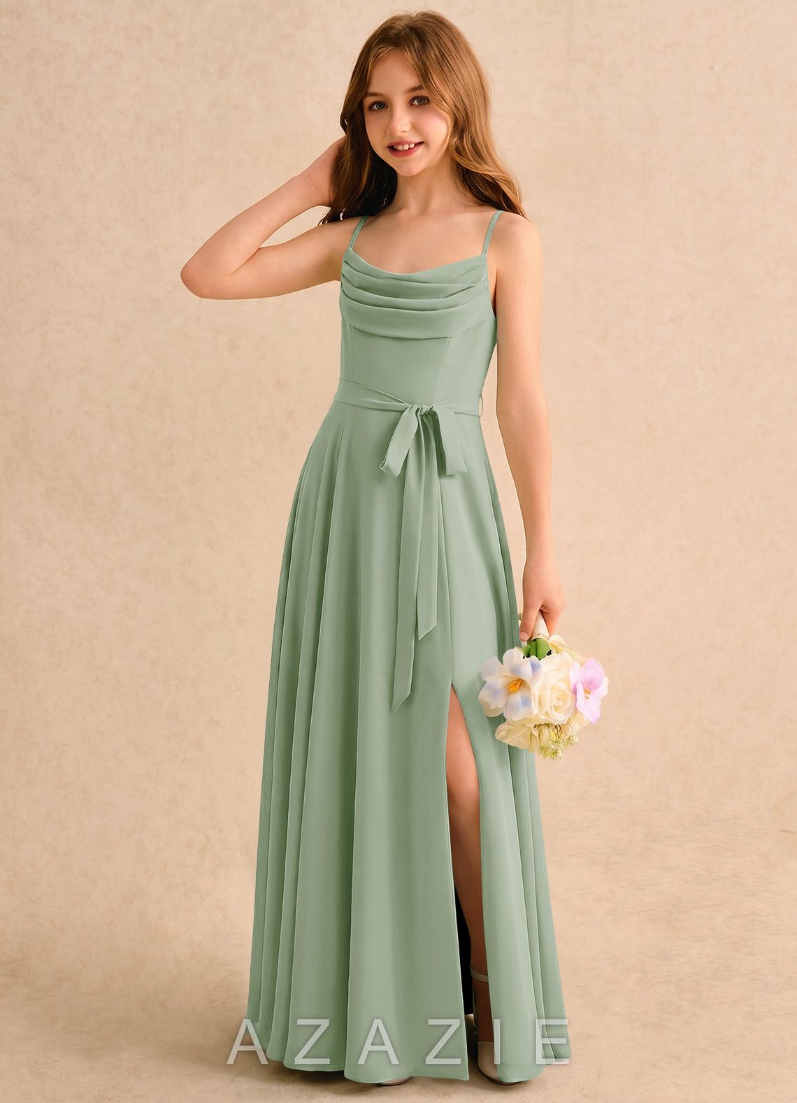 Azazie Jasslyn Girls Formal Dusty Sage A-Line Pleated Chiffon Dress dusty_sage