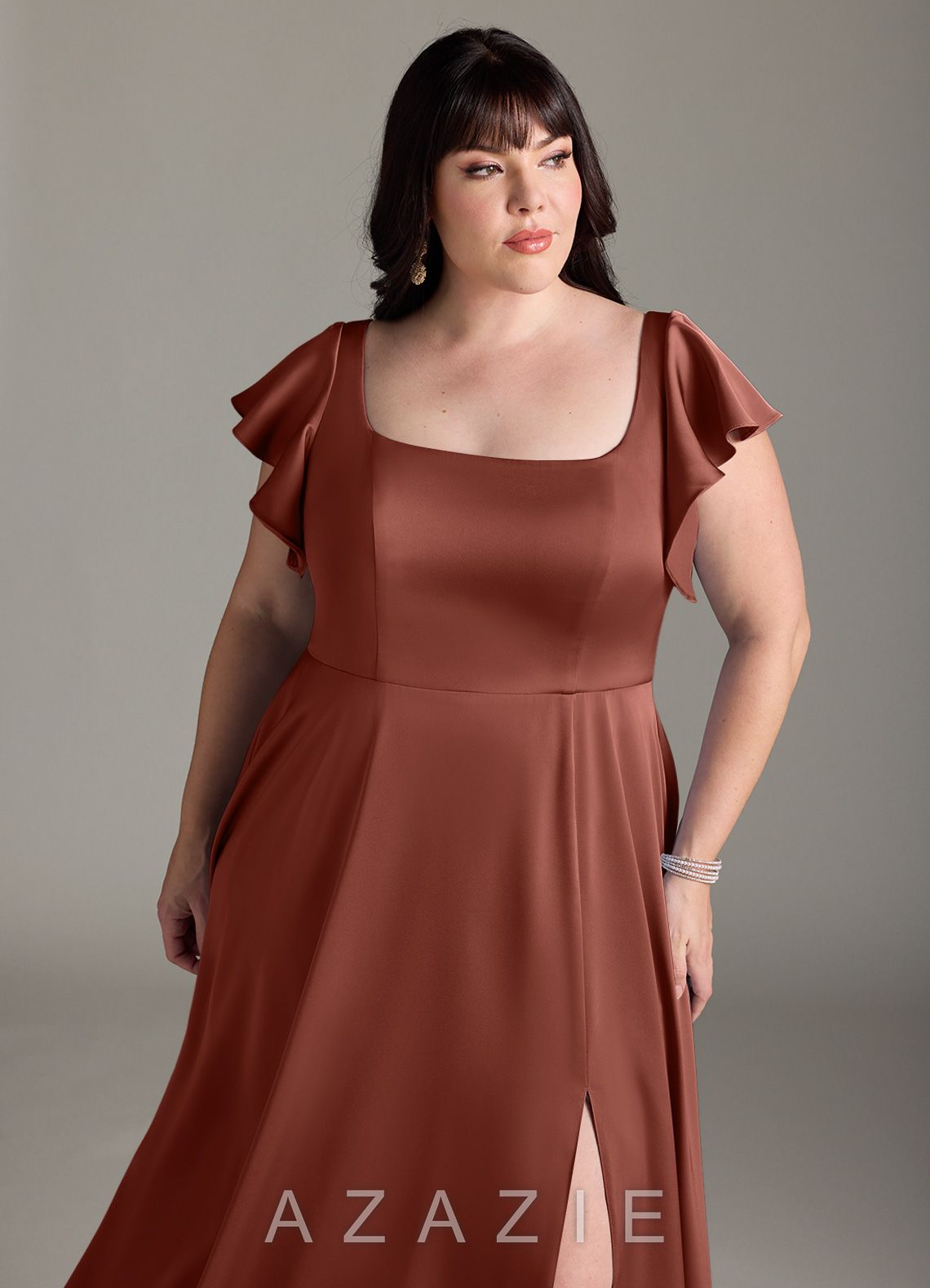 Azazie Bondi Auburn A-Line Bow Stretch Satin Dress auburn
