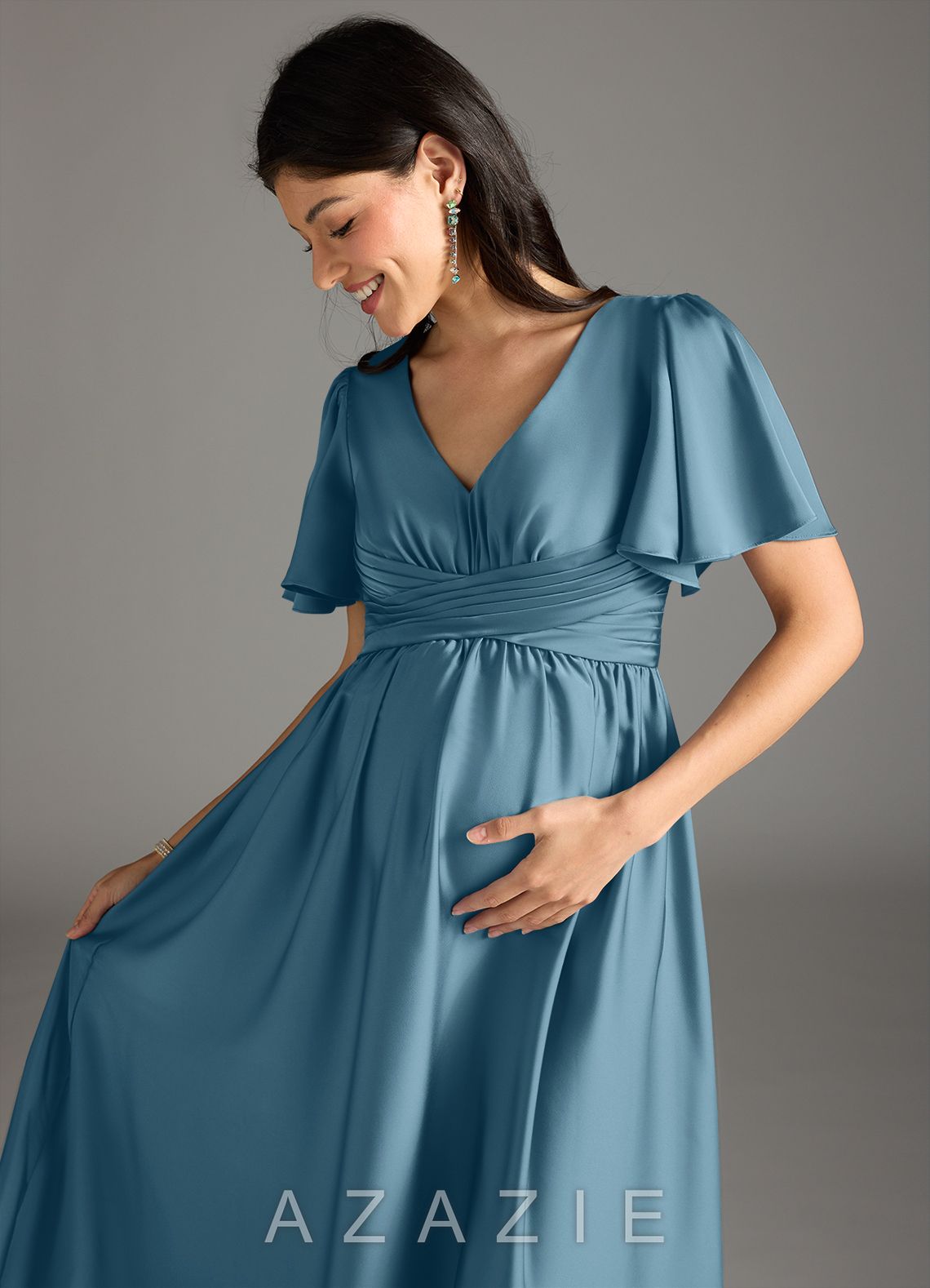 Azazie Verna A-Line Ruched Stretch Satin Floor-Length Dress