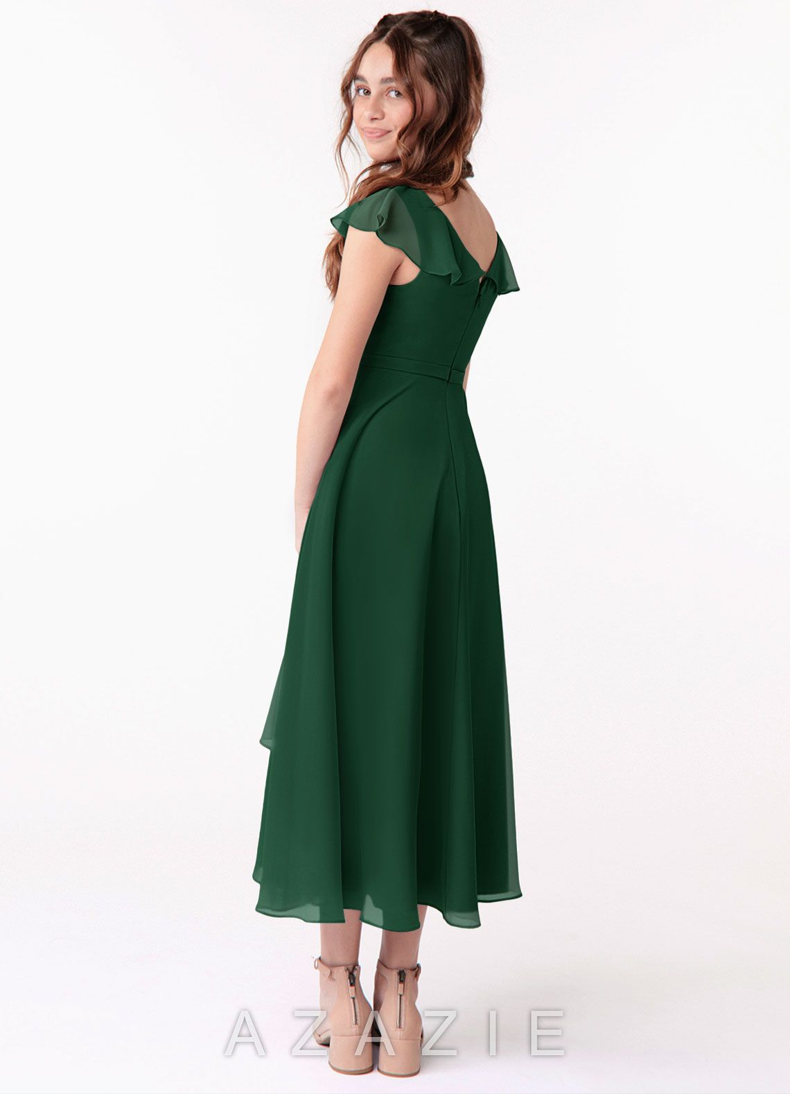 Azazie Posie Junior Dark Green A-Line Ruched Chiffon Dress dark_green