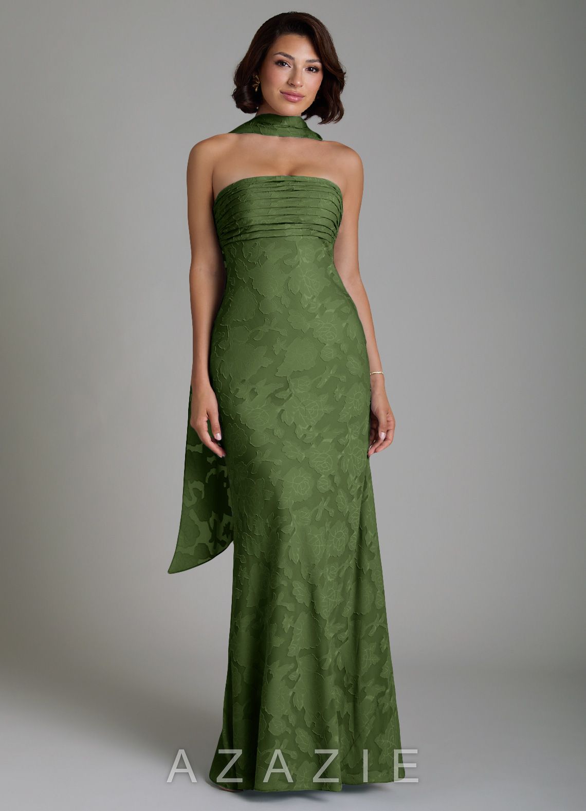 Azazie Saylor Olive Mermaid Strapless Floral Burnout Convertible Dress