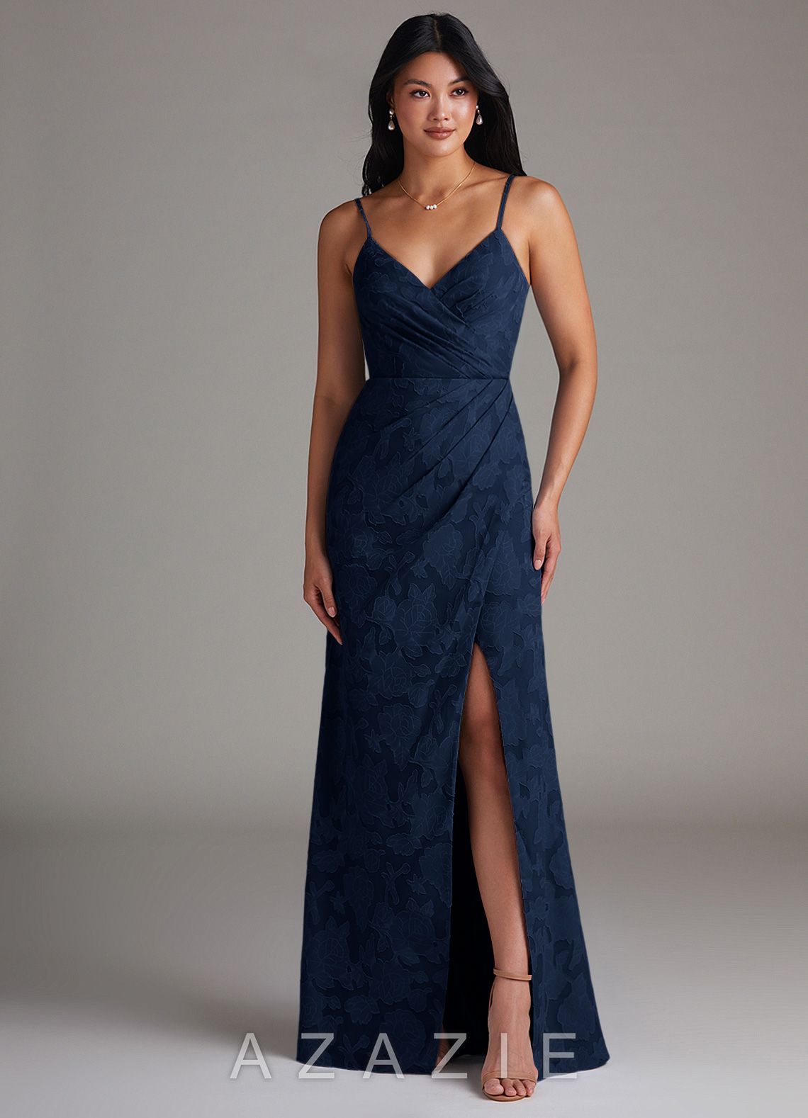 Azazie Maci Dark Navy Sheath Pleated Floral Burnout Dress dark_navy