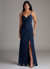 Azazie Maci Dark Navy Sheath Pleated Floral Burnout Dress dark_navy