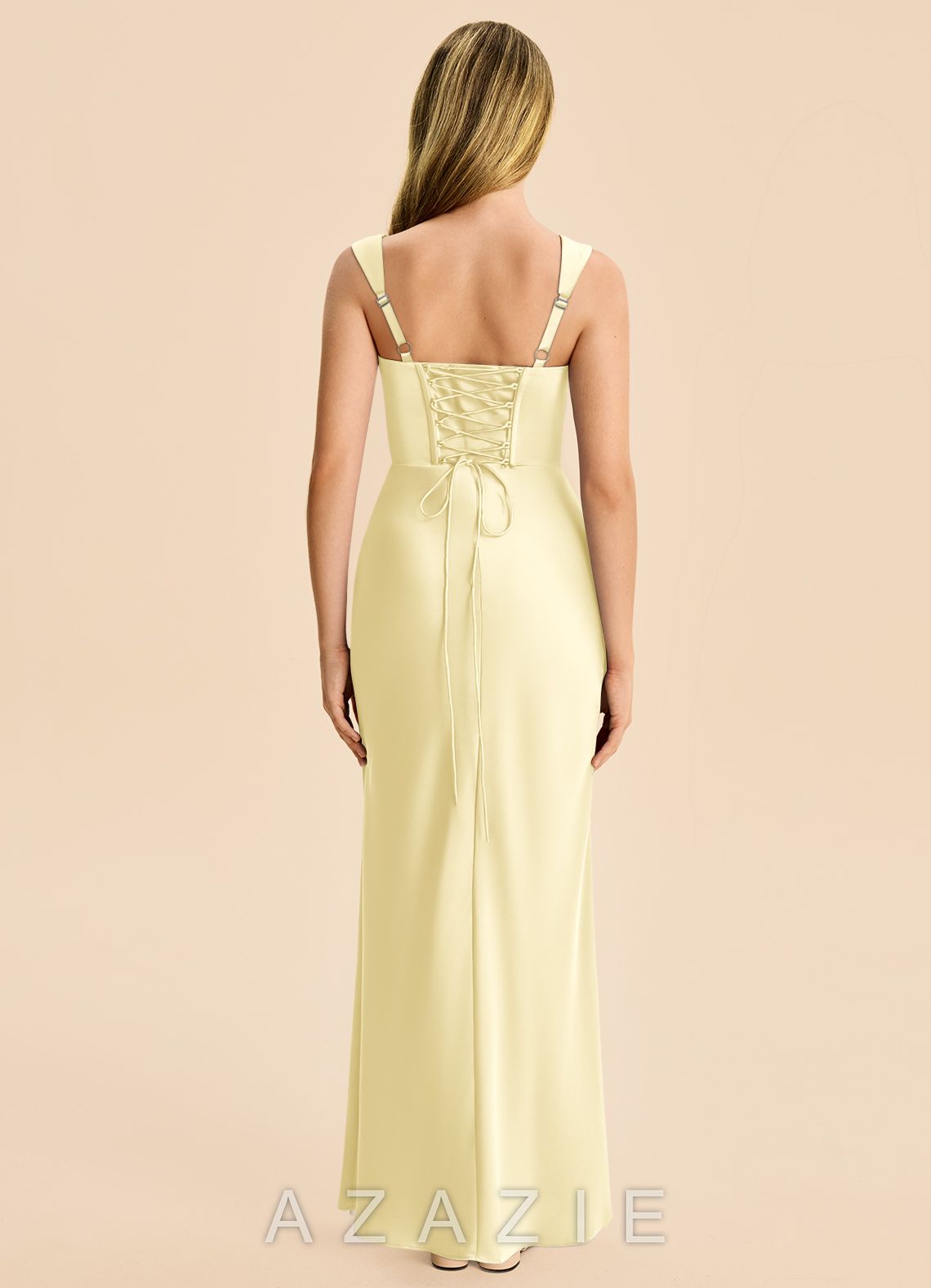 Azazie Agustina Junior Lemon Sorbet Sheath Pleated Stretch Satin Dress lemon_sorbet