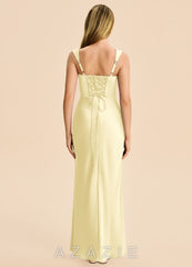 Azazie Agustina Junior Lemon Sorbet Sheath Pleated Stretch Satin Dress lemon_sorbet