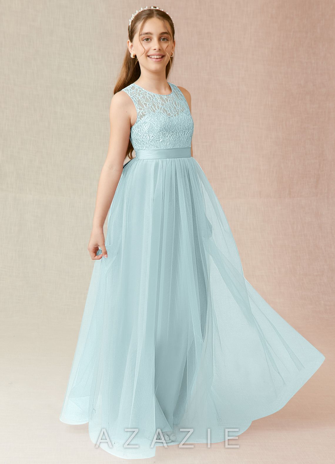 Azazie Georgette Junior Mist A-Line Lace Tulle Dress mist