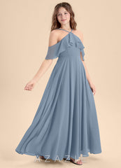 Azazie Tessabelle Junior Dusty Blue A-Line Off the Shoulder Chiffon Dress dusty_blue