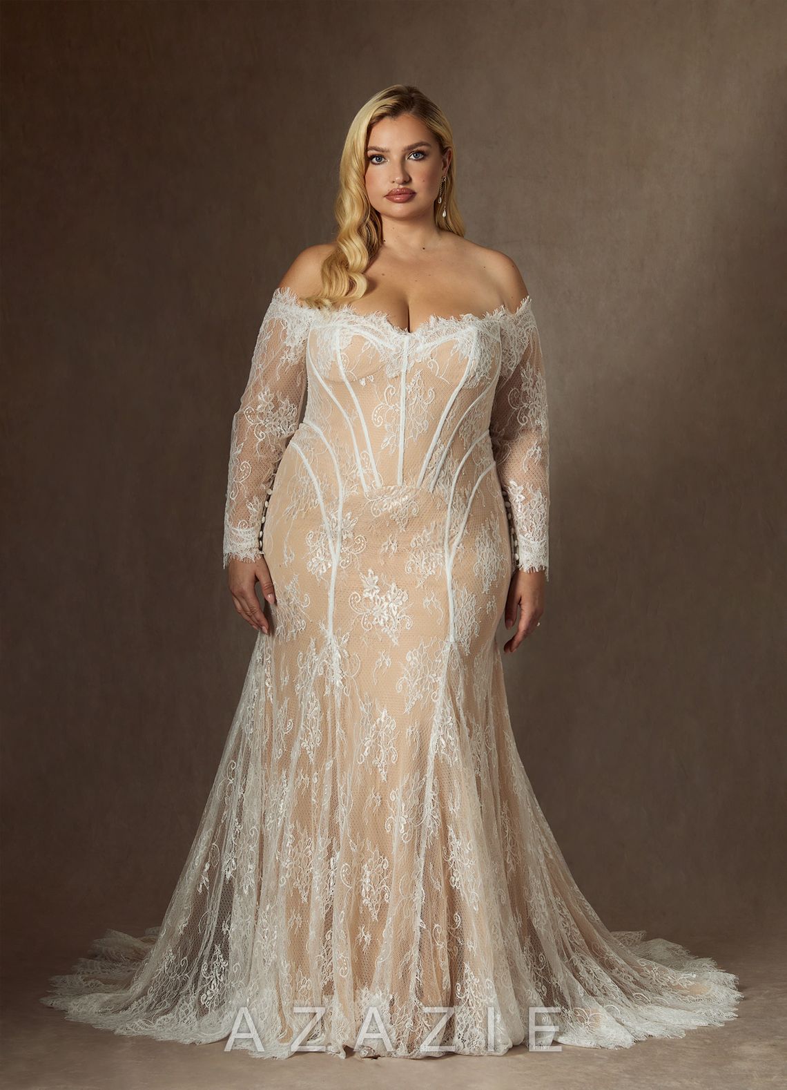Azazie Katherine Wedding Dress Diamond White Champagne Mermaid Off the Shoulder Tulle Dress diamond_white/champagne