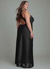 Azazie Evadne Black Sheath Pleated Stretch Satin Dress black