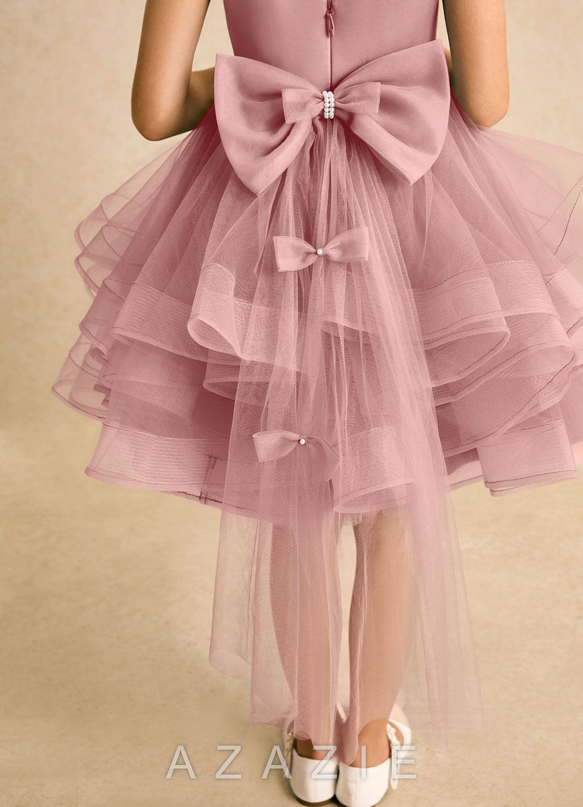 Azazie Tinie Dusty Rose Ball-Gown Bow Tulle Dress dusty_rose